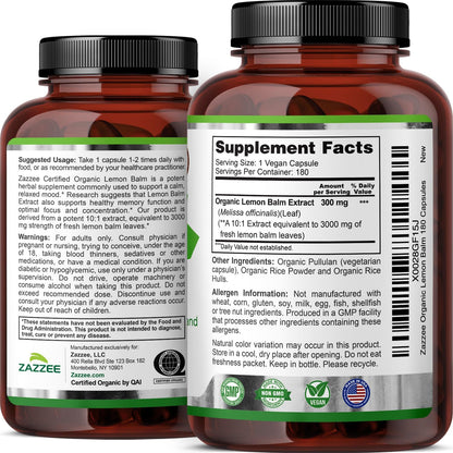 Zazzee USDA Organic Lemon Balm 10:1 Extract, 180 Capsules, 6 Month Supply | Vegan, All-Natural, Non-GMO, Melissa Officinalis, Calm, Mood, Stress & Relaxation Support, Herbal Supplement, Made in the USA