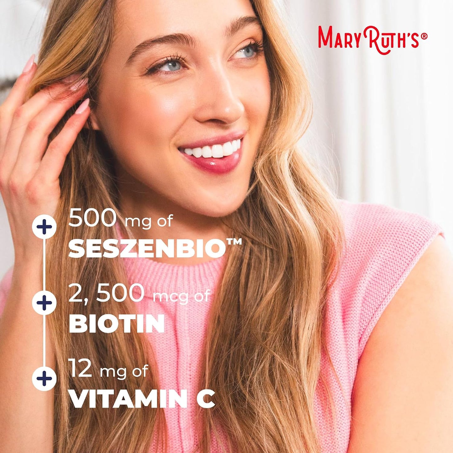 MARYRUTH'S Daily Liquid Hair Formula | With 500 mg SesZenBio™ + 2,500 mcg Biotin | Vitamin C | Thicker, Stronger Hair for Women | Hair, Skin, & Nail Health | Collagen Production | 16 Fl Oz