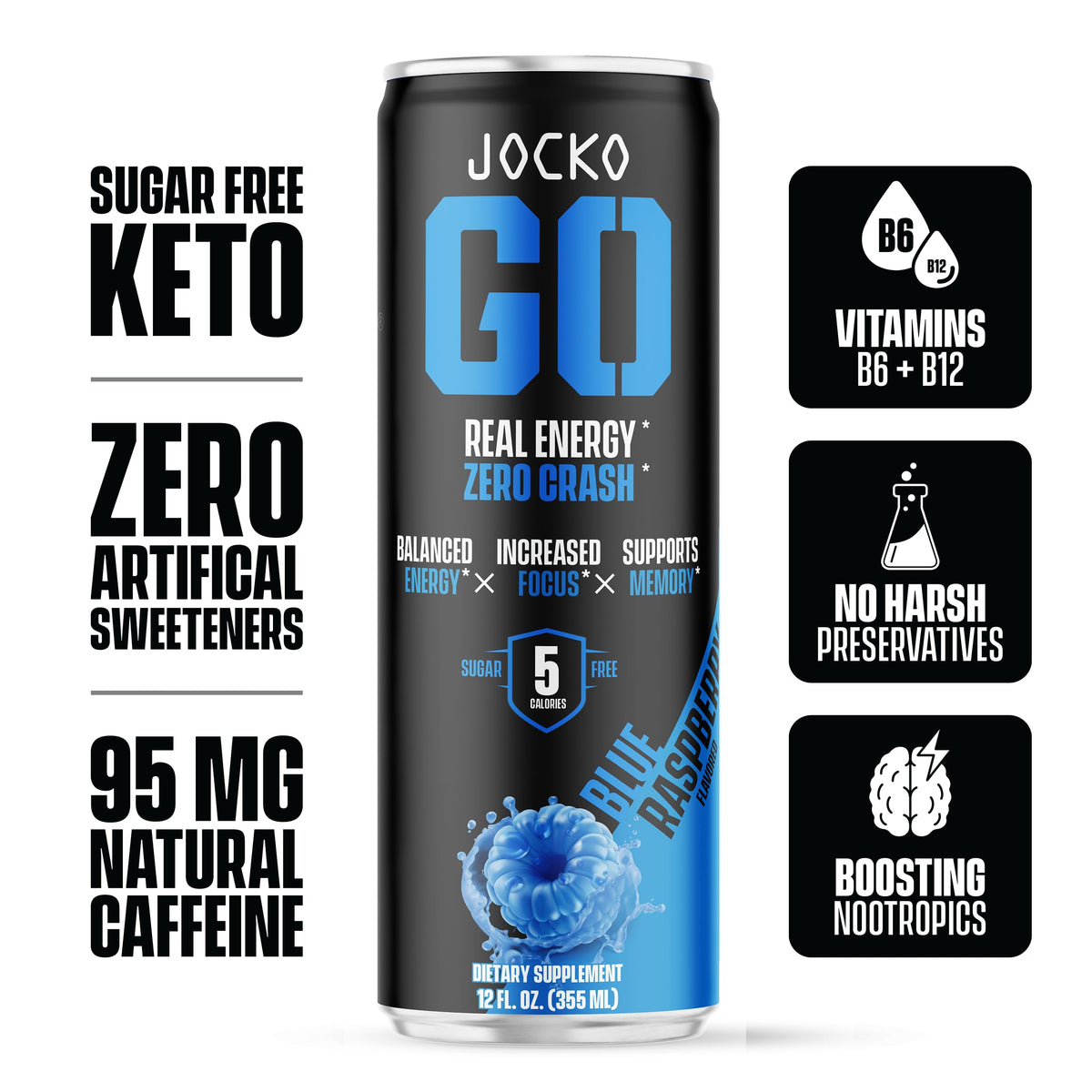 Jocko Fuel Blue Raspberry Energy Drink, 12 Pack, 0 Sugar, 95mg Caffeine, Supports Brain