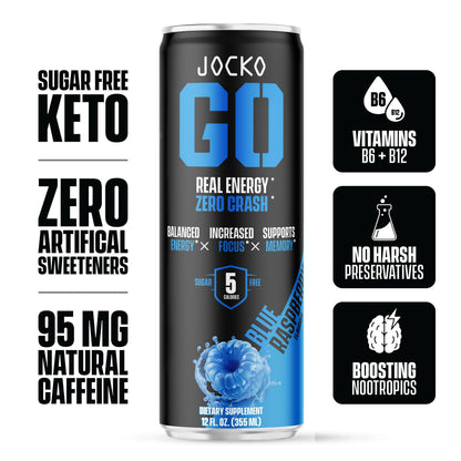 Jocko Fuel Blue Raspberry Energy Drink, 12 Pack, 0 Sugar, 95mg Caffeine, Supports Brain