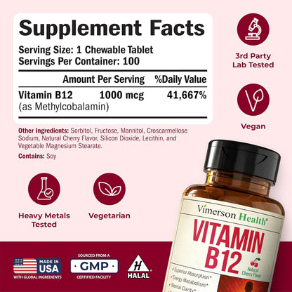 Vitamin B12 1000 mcg – Chewable Methylated B12 (Methylcobalamin B12) for Energy & Metabolism Support – Methylated B Complex for Superior Absorption – 100 Natural Cherry-Flavored Tablets - Vegan