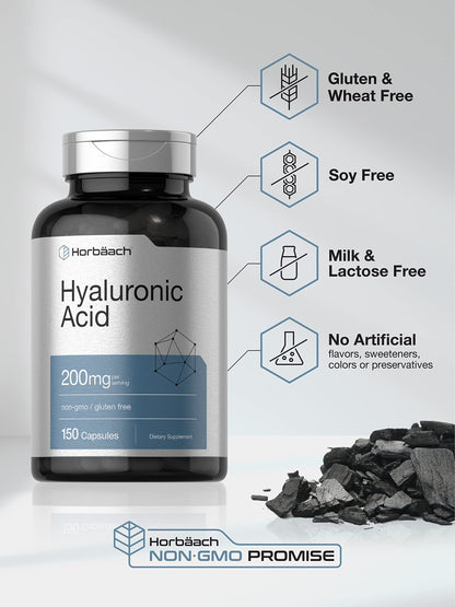 Horbäach Hyaluronic Acid Supplement | 200 mg | 150 Capsules | Non-GMO and Gluten