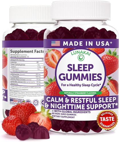 Lunakai Sleep Gummies for Adults with Melatonin 10mg & L-Theanine, 60 ct | USA Made, Non-Habit Forming, 5-in-1 Daily Sleep Aid Formula with Chamomile, Lemon Balm & Lavender, Melatonin Gummies, Non-GMO