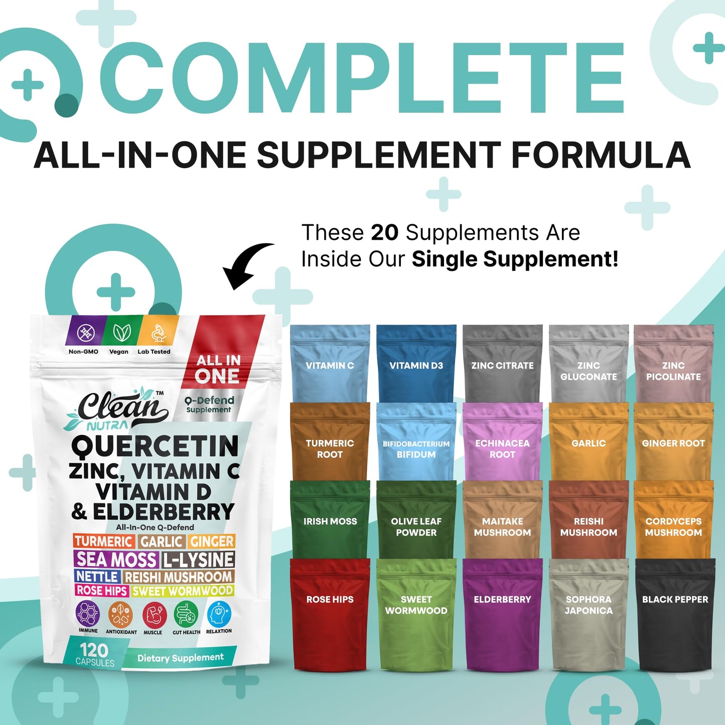 Q Defend Quercetin Supplement with Zinc Vitamin C Vitamin D Elderberry Turmeric Black Pepper Garlic Ginger Sea Moss Lysine Stinging Nettle Reishi Mushroom Immune Support 60 Capsules