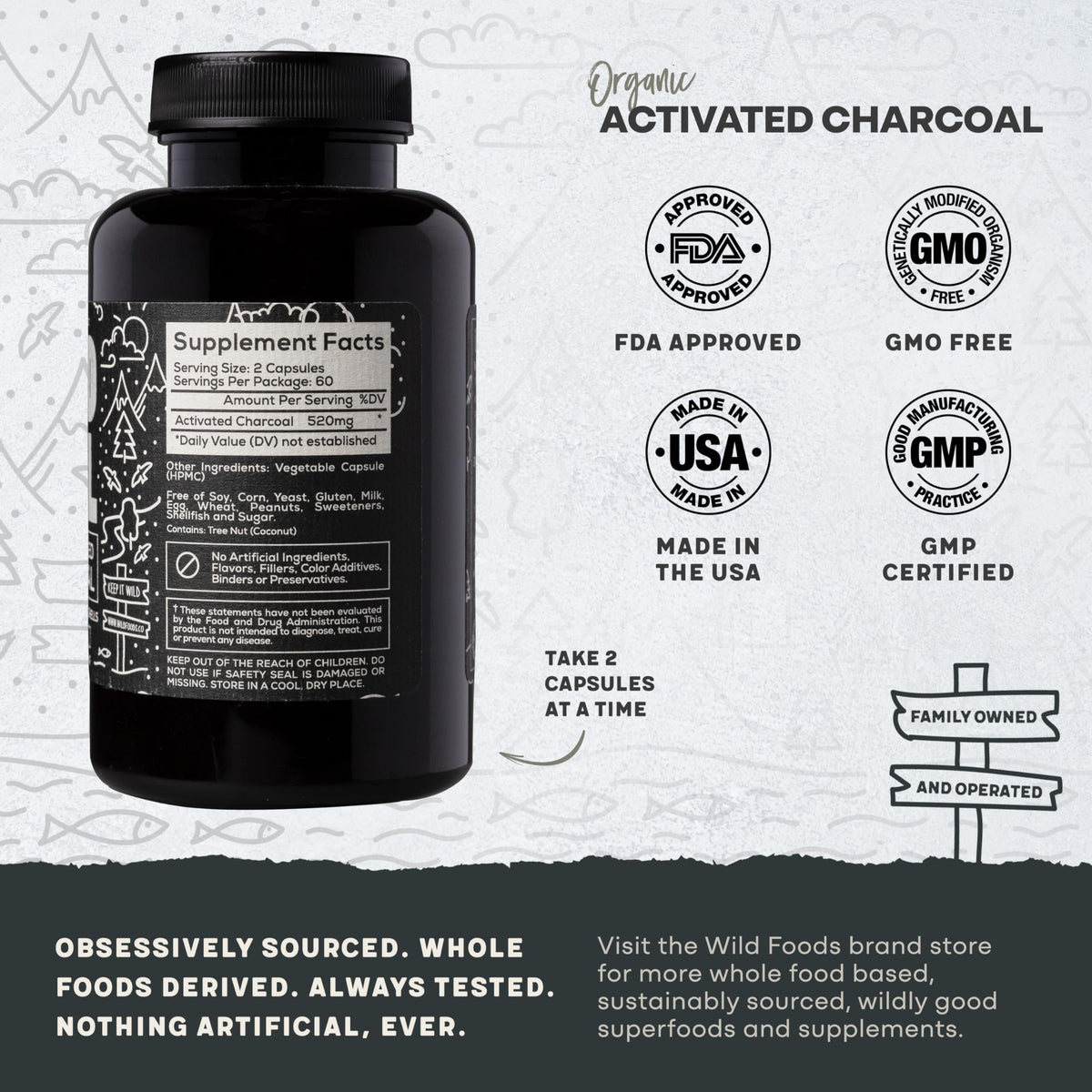 Wild Foods Activated Charcoal Capsules | 100% Organic Coconut Shells Active Tablets