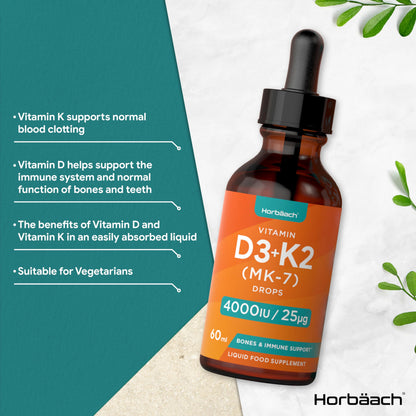 Vitamin D3 K2 Drops | 60mL | High Strength Vitamin D3 4000iu and K2 25ug | No Artificial