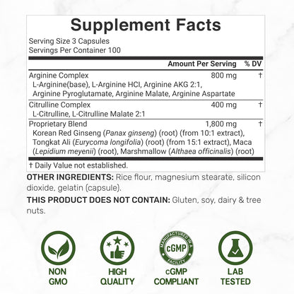 Nitric Oxide Supplement 3,000mg, 300 Capsules | 12-in-1 Complex for Men & Women – Arginine, Citrulline, Korean Red Ginseng, Tongkat Ali, Maca Root, & Marshmallow Blend*