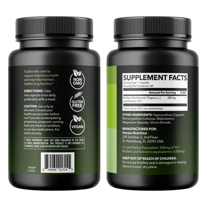 500mg Mullein Extract for Lung Support and Respiratory Health, 30 Count | Mullein Leaf Capsules for Respiratory Health, Vegan, Non-GMO Herbal Supplement for Overall Daily Wellness, 1 Month Supply