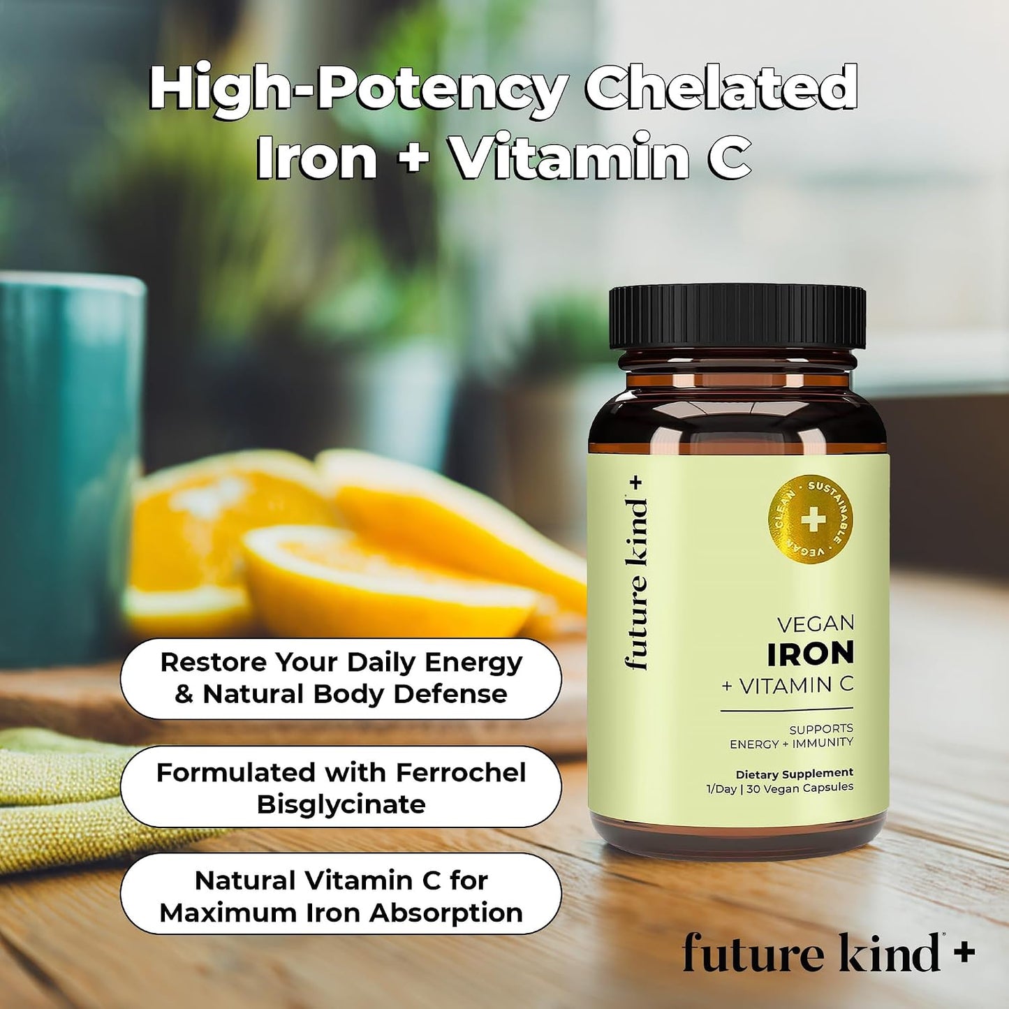 Future Kind Iron Supplement for Women and Men, Daily Energy & Focus, Chelated Iron Bisglycinate, 18mg 100% DV with Vitamin C for Absorption - Gentle on Stomach, Non-GMO Vegan Capsules, 30 Day Supply