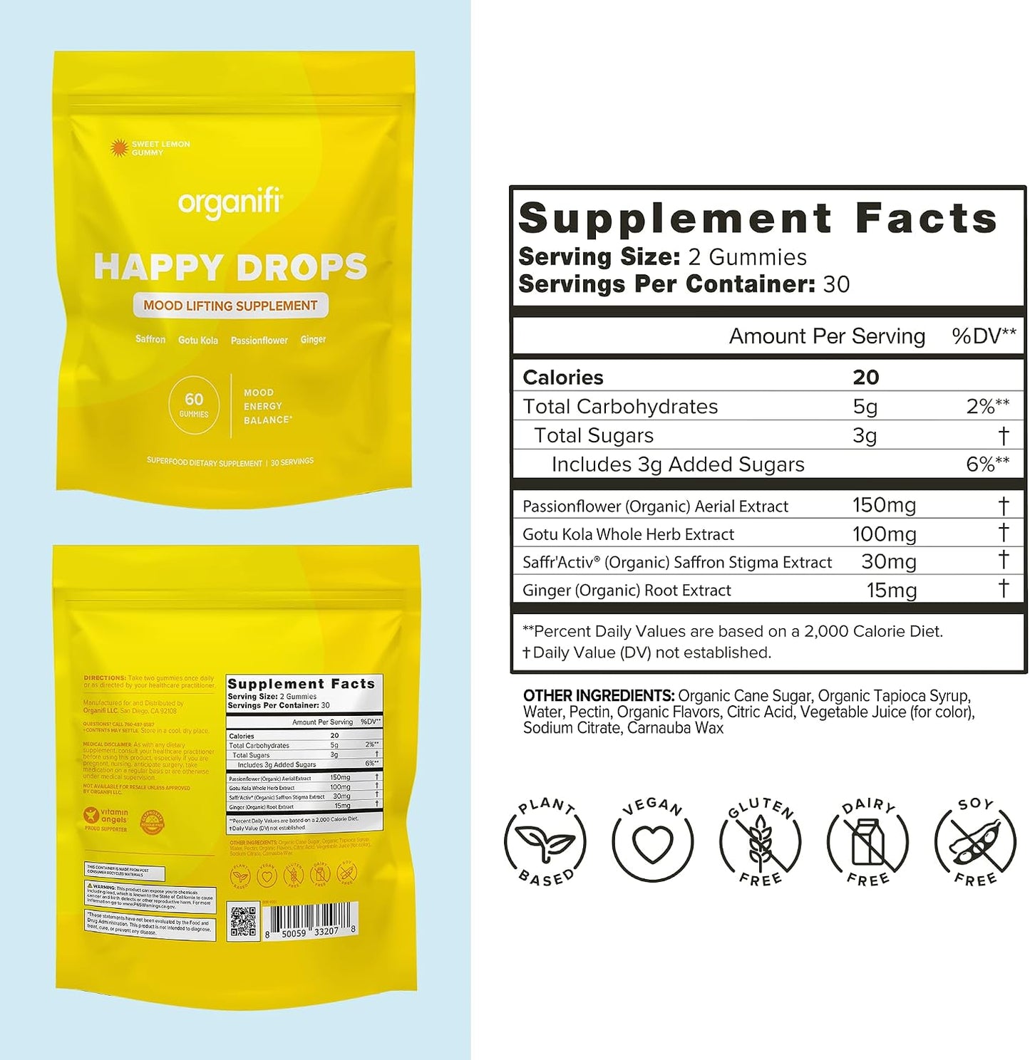 Organifi Happy Drops - Daily Superfood Happy Gummies for Adults - Mood Support Supplement for Balance, Bliss, Energy and Taking the Edge Off - Sweet Lemon Flavor - 60 Gummies