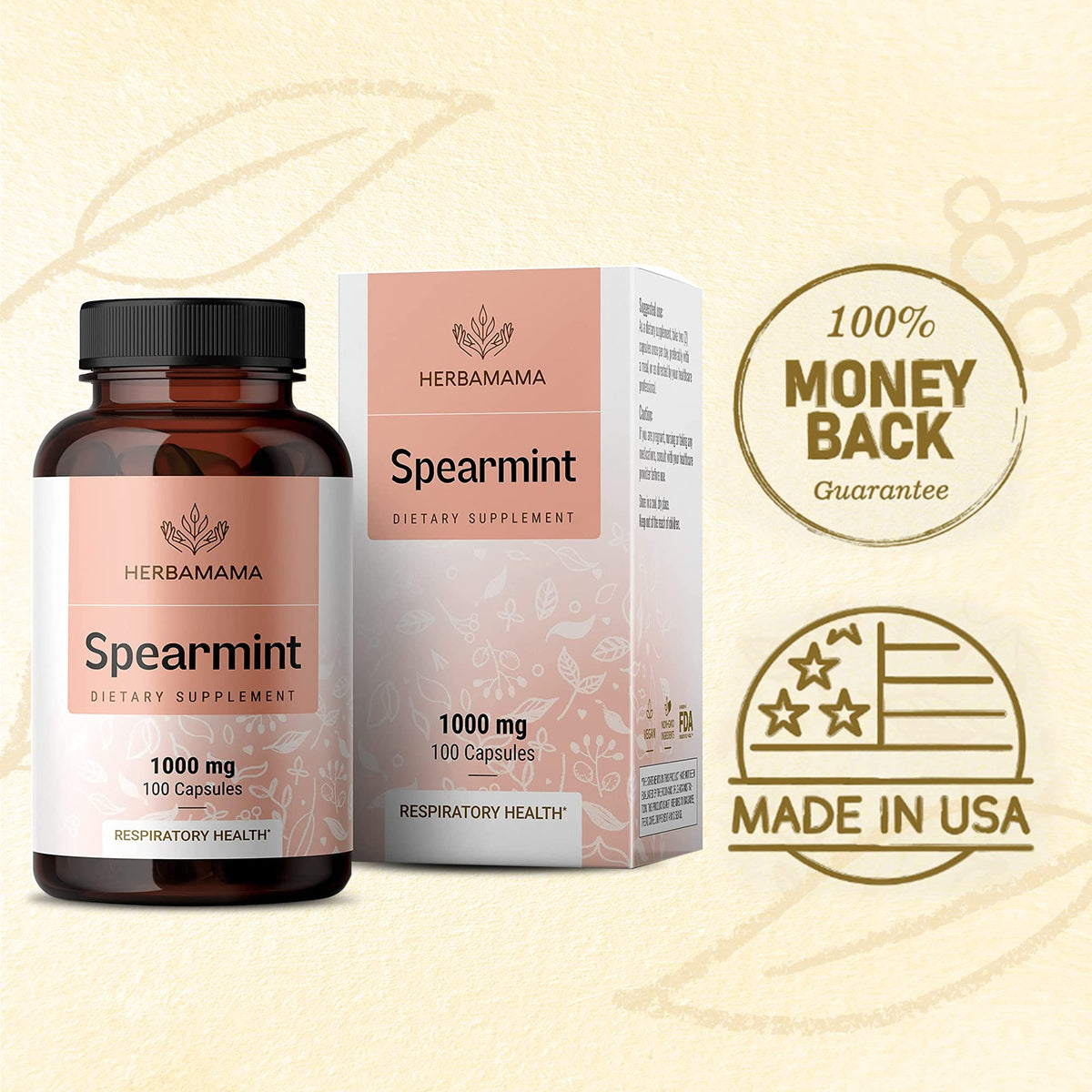 Spearmint 100 Capsules - 1000 mg - Organic Mentha Spicata Dietary Daily Supplement