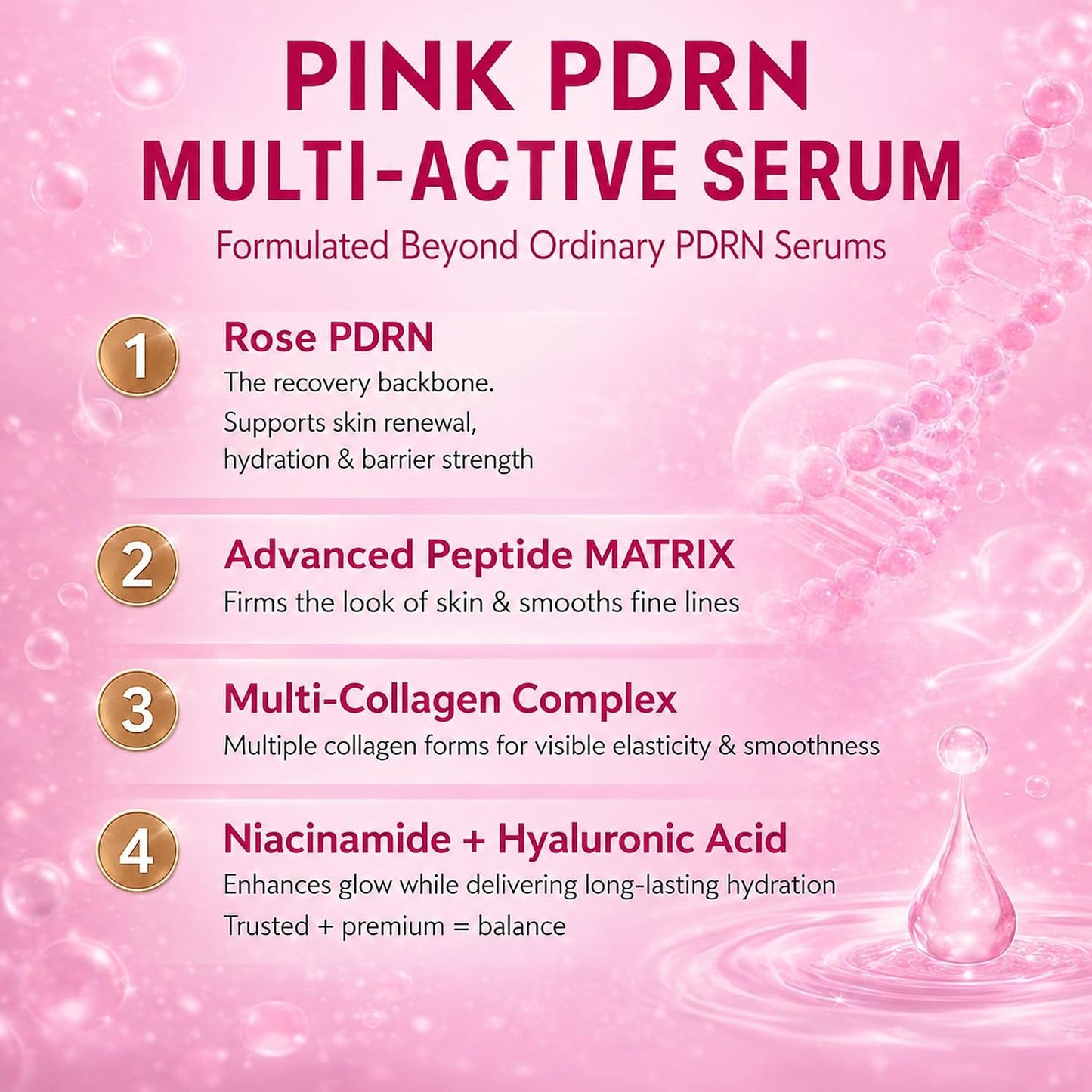 PDRN Pink Peptide Serum — 100% Natural, Vegan PDRN Serum (1 fl oz, 30ml) | Multi-Peptide & Hyaluronic, Skin Barrier Support, Wrinkle & Pore Care, Firming, Hydration Glow, Rose PDRN (Sodium DNA)