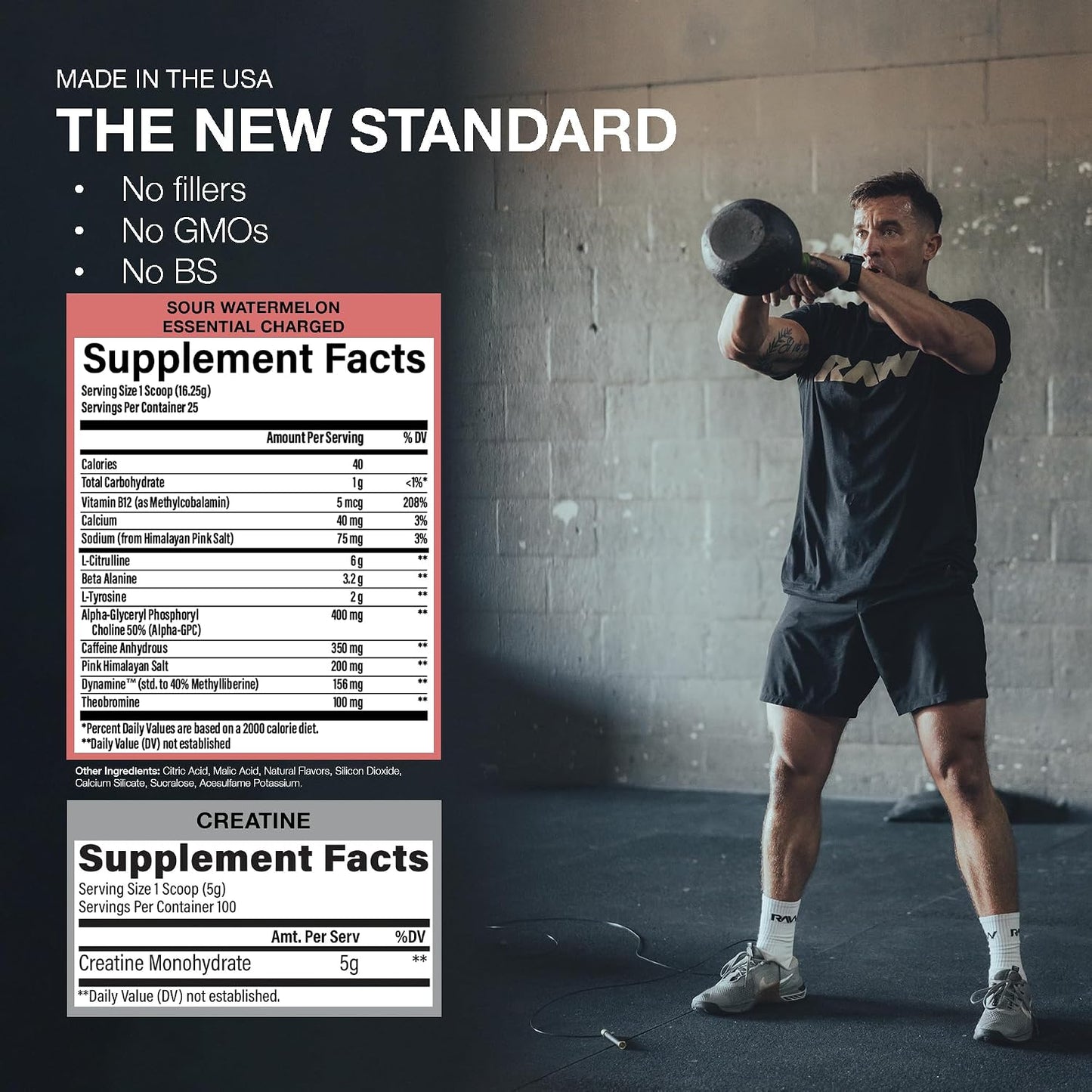 RAW Nutrition Creatine Monohydrate & Charged Sour Watermelon Pre-Workout Powder Bundle