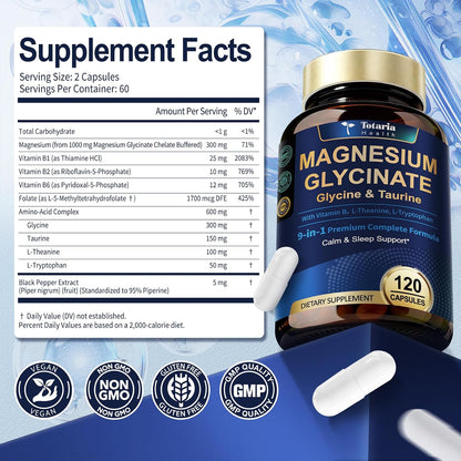 9-in-1 Magnesium Glycinate 1000mg - Support Stress Relief, Sleep, Nerves, Muscles, and Metabolism - Magnesium Vitamin B & Amino Acid Triple Complex | High Absorption Chelated Formula - 120 Capsules
