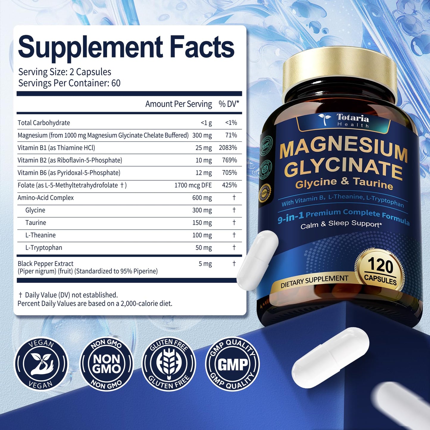9-in-1 Magnesium Glycinate 1000mg - Support Stress Relief, Sleep, Nerves, Muscles, and Metabolism - Magnesium Vitamin B & Amino Acid Triple Complex | High Absorption Chelated Formula - 120 Capsules