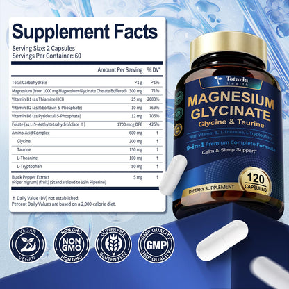 9-in-1 Magnesium Glycinate 1000mg - Support Stress Relief, Sleep, Nerves, Muscles, and Metabolism - Magnesium Vitamin B & Amino Acid Triple Complex | High Absorption Chelated Formula - 120 Capsules