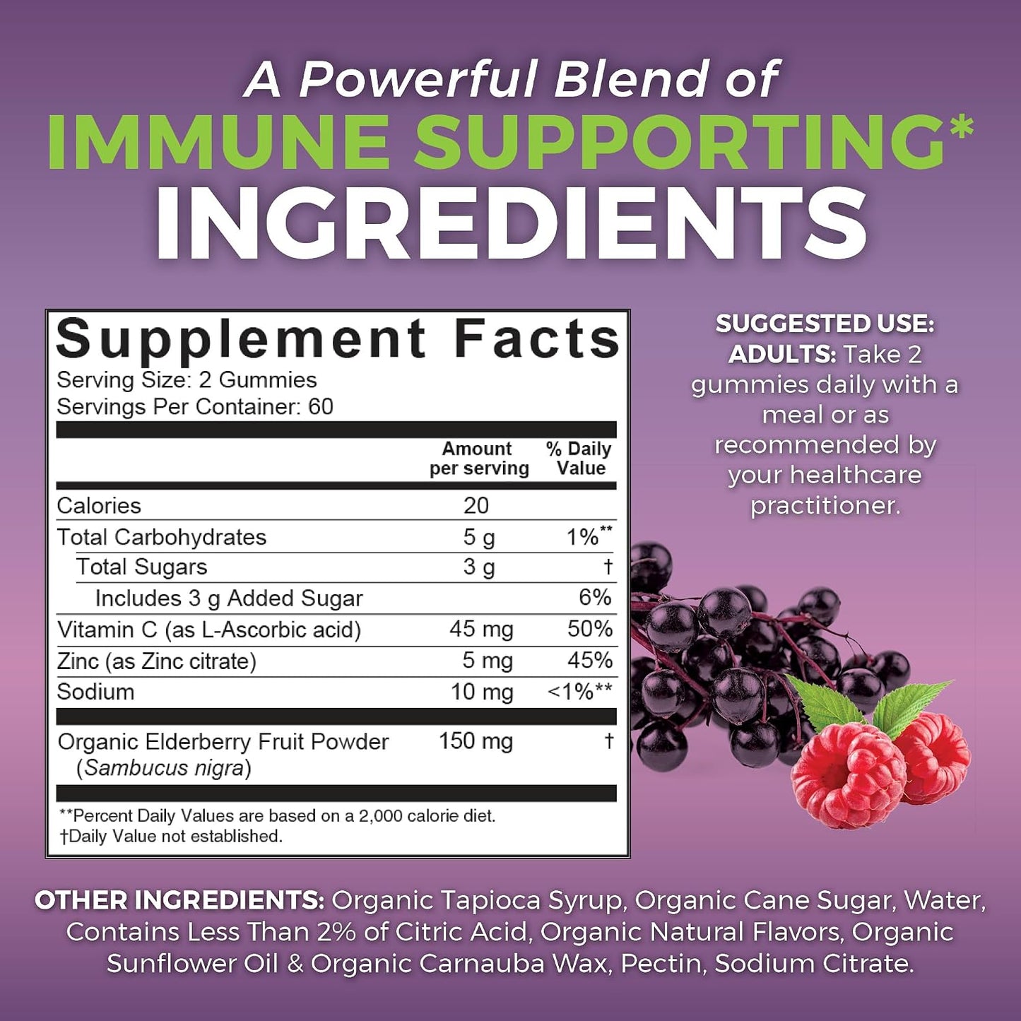Viva Naturals Black Elderberry Vitamin C and Zinc Immune Support Gummies for Adults, Sambucus Elderberry Gummies with Raspberry Rush Flavor, USDA Organic, Non-GMO, (120 Count)