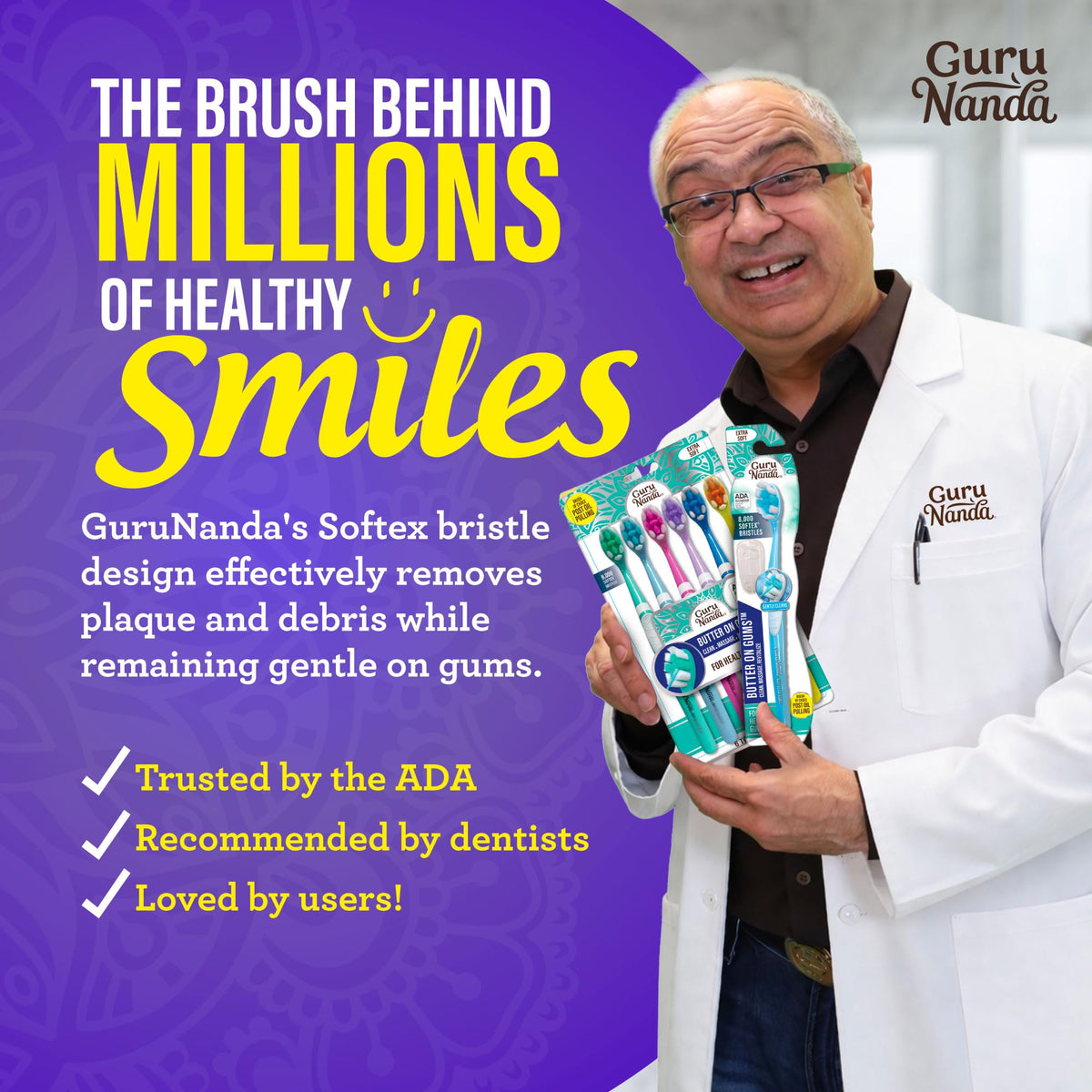 GuruNanda Butter On Gums Toothbrush, ADA Accepted, with 8000+ Ultra Soft Softex Bristles for Sensitive & Receding Gums, Perfect for Whiter Teeth, 8 Ct