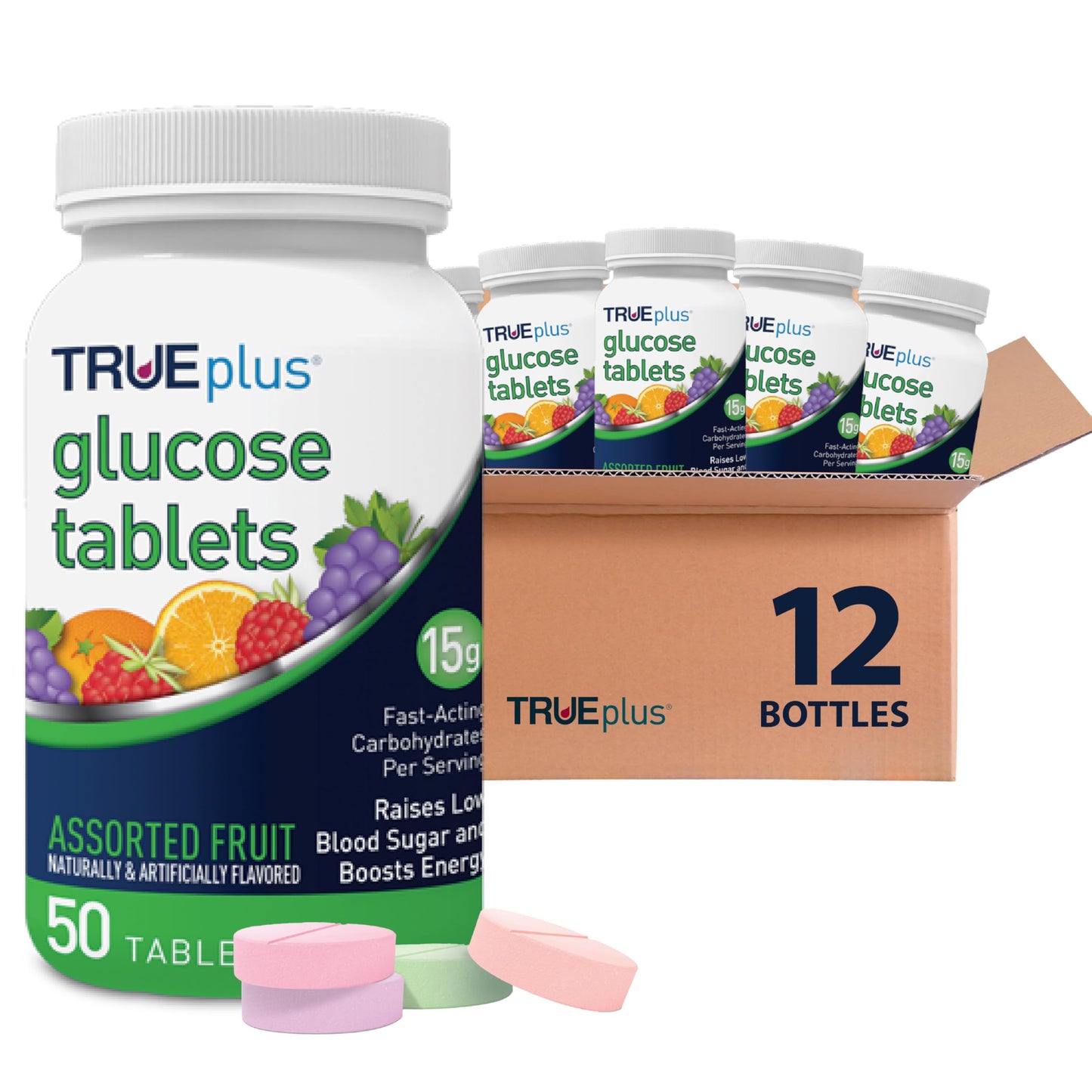 TRUEplus Glucose Tablets, Grape, Raspberry, Orange Flavors, 50 Count | Chewable Tablets, 15g Fast-Acting Carbohydrates, Fat Free, Gluten Free, Boosts Energy, Great Tasting and Easy to Use