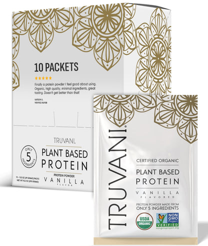 Truvani Organic Plant Based Protein Powder | Strawberry | 10 Servings | Vegan | 20g Pea Protein | Single Serving Travel Packets | Keto | Gluten & Dairy Free | Low Carb