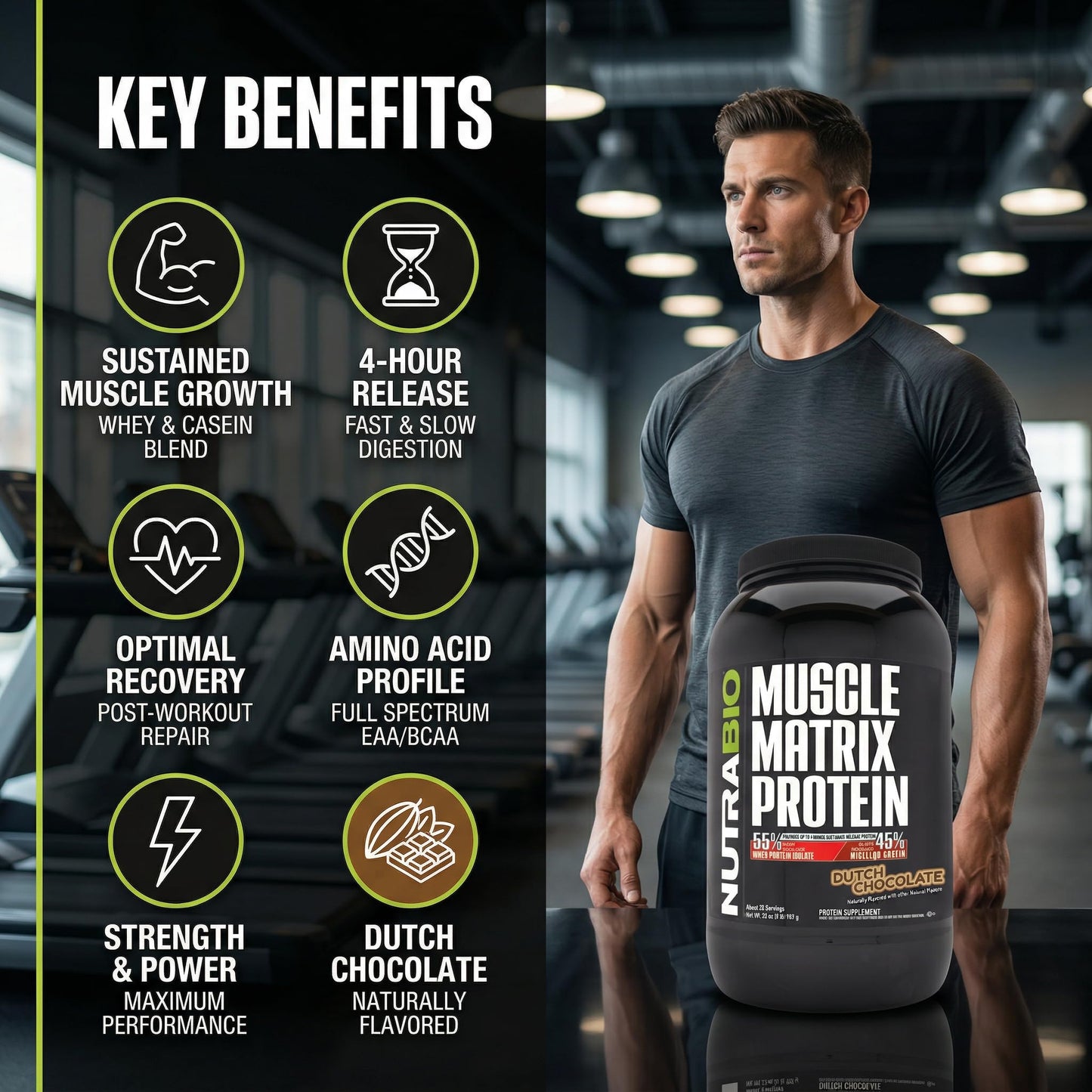 NutraBio Muscle Matrix Protein Powder - 25g of Protein Per Scoop - Whey Isolate and Micellar Casein Combo for Fast and Slow Release - Dutch Chocolate - 2 Pounds, 28 Servings