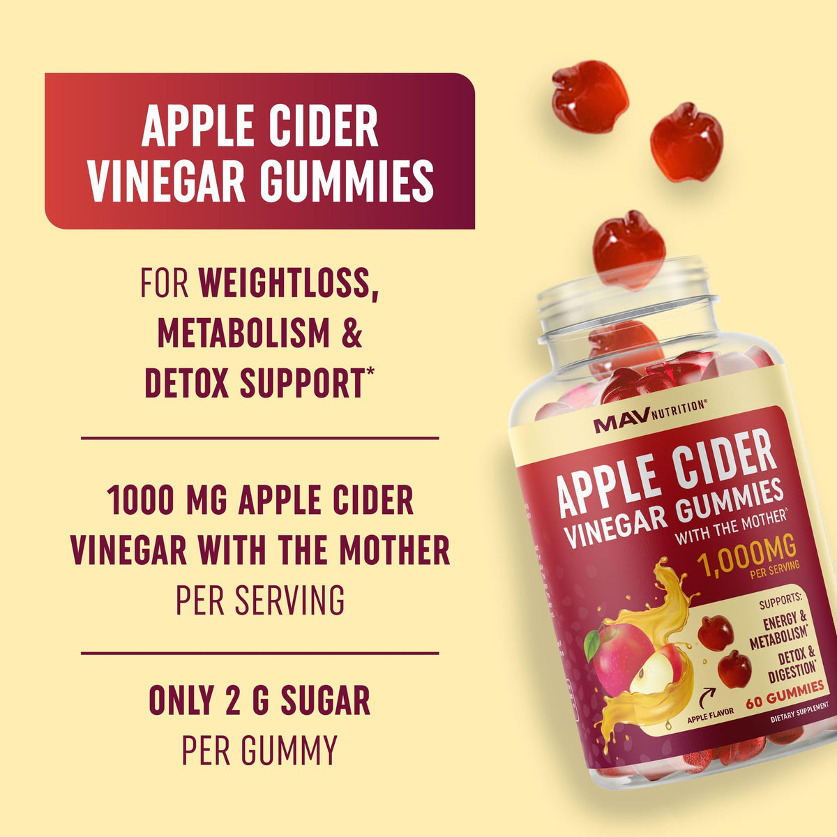 Organic Apple Cider Vinegar Gummies (60 Ct.) | Weight, Digestion, Detox, Immunity & Diet Support