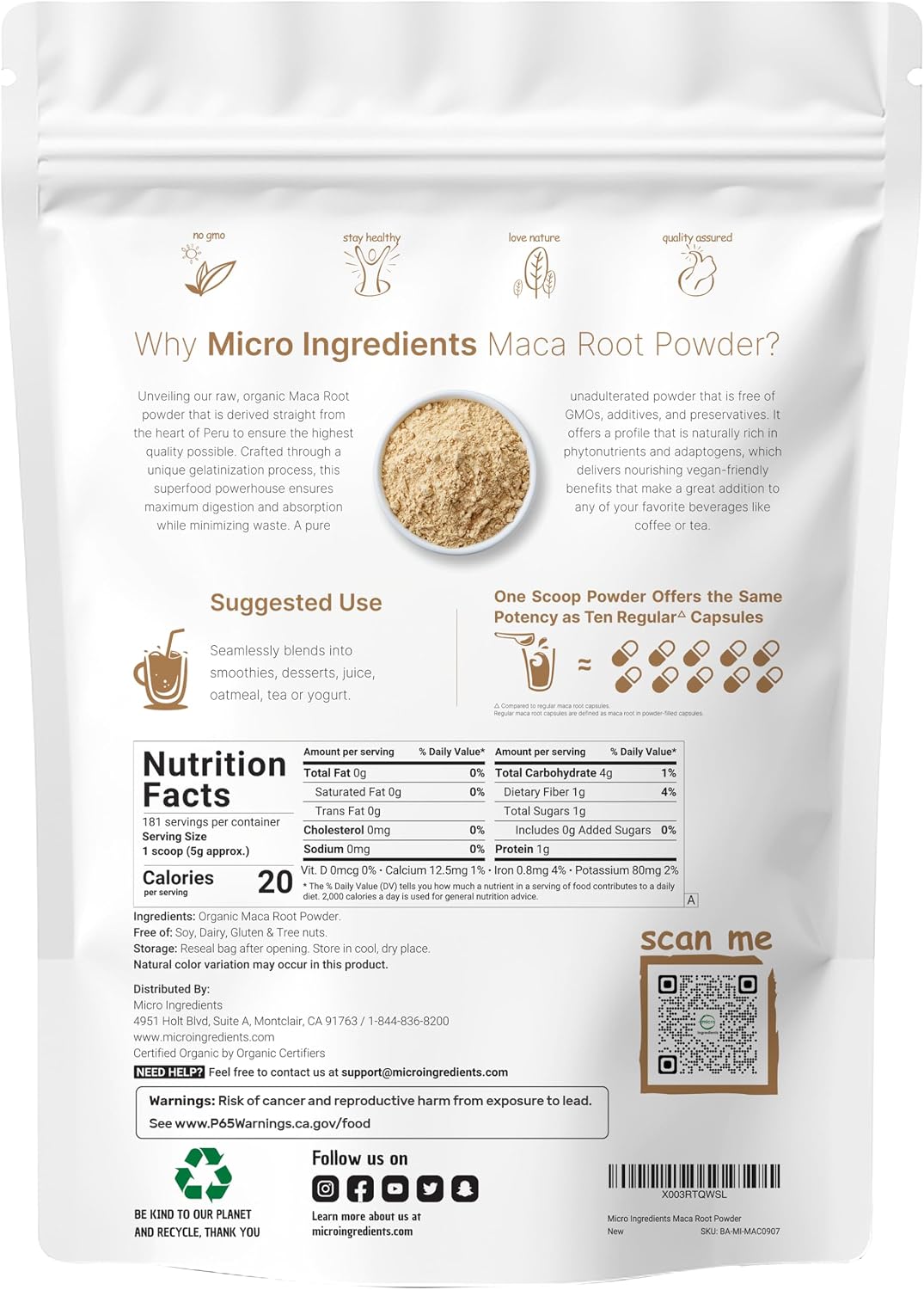 Micro Ingredients Organic Maca Root Powder, 2 Pound, Gelatinized for Better Absorption, Rich in Antioxidants, No GMOs, Vegan Friendly and Peru Origin