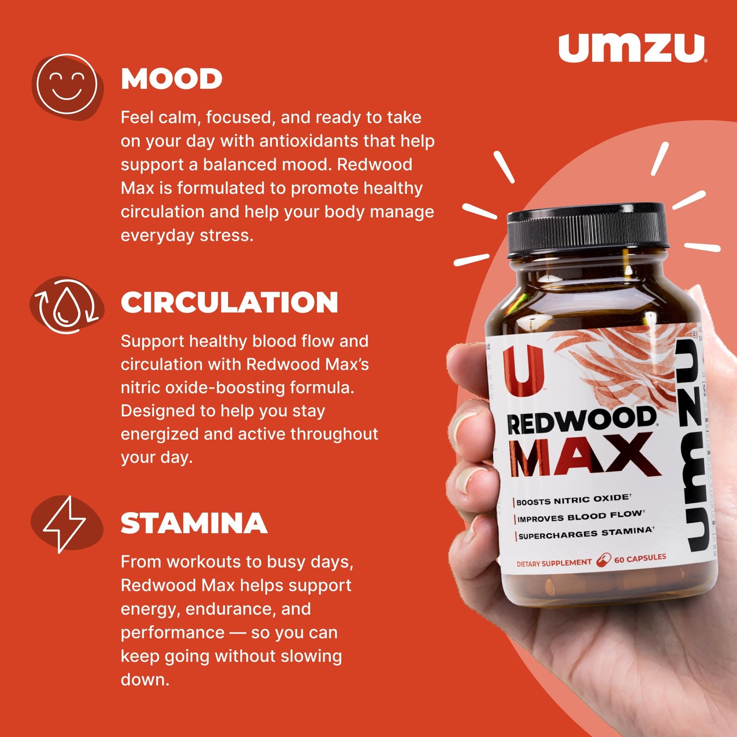 UMZU Redwood Max Nitric Oxide Booster, 1-Month Supply – Advanced Nitric Oxide Supplement with Fitnox Blend, Pine Bark, Resveratrol & Tart Cherry – Promotes Healthy Circulation, Energy and Recovery