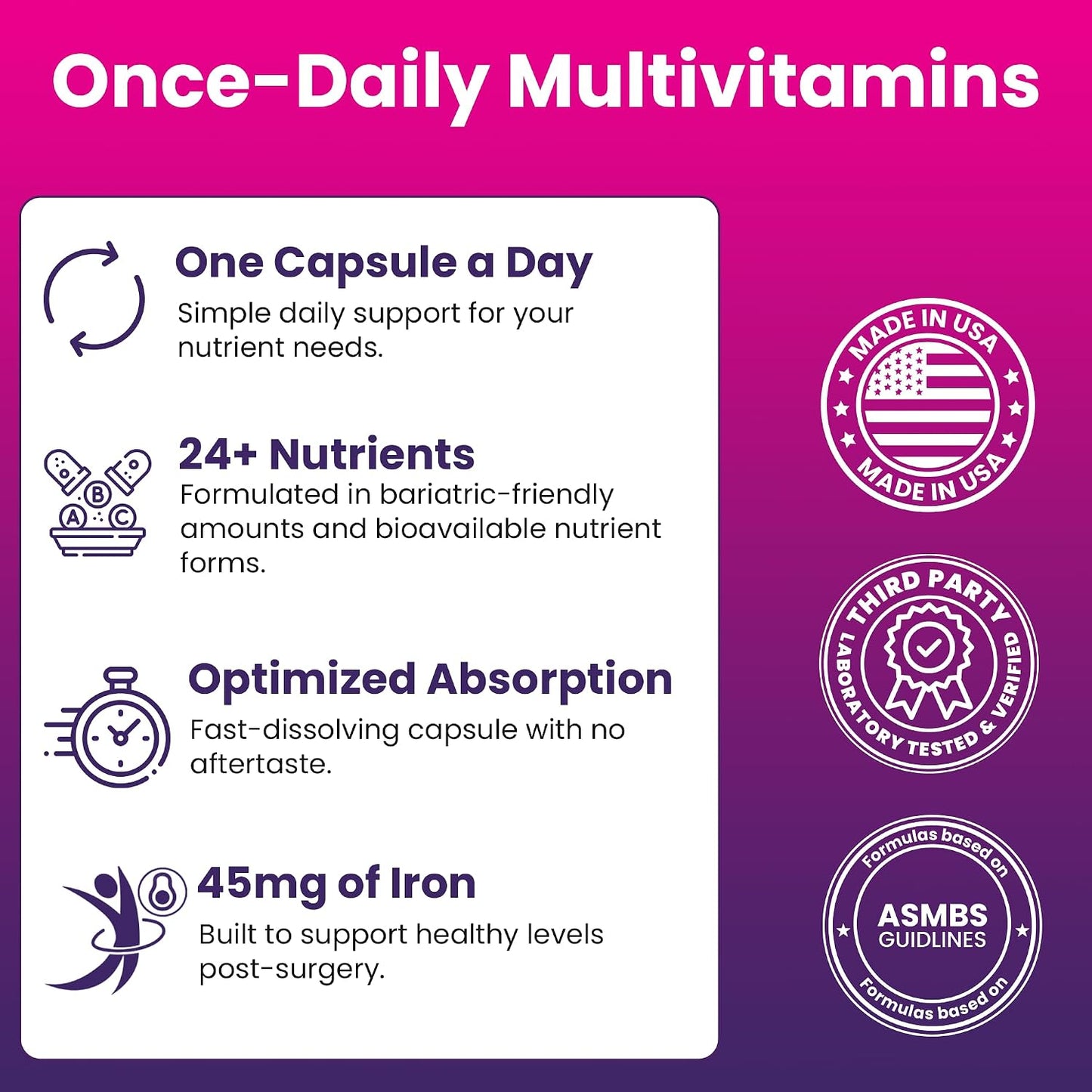 Special-45 Bariatric Multivitamin | Reduced B12 | Capsule | 30ct | Post-Op Bariatric Vitamins for Gastric Bypass and Sleeve Patients, Sustains Recovery & Energy* (1 Month Supply) - Made in USA