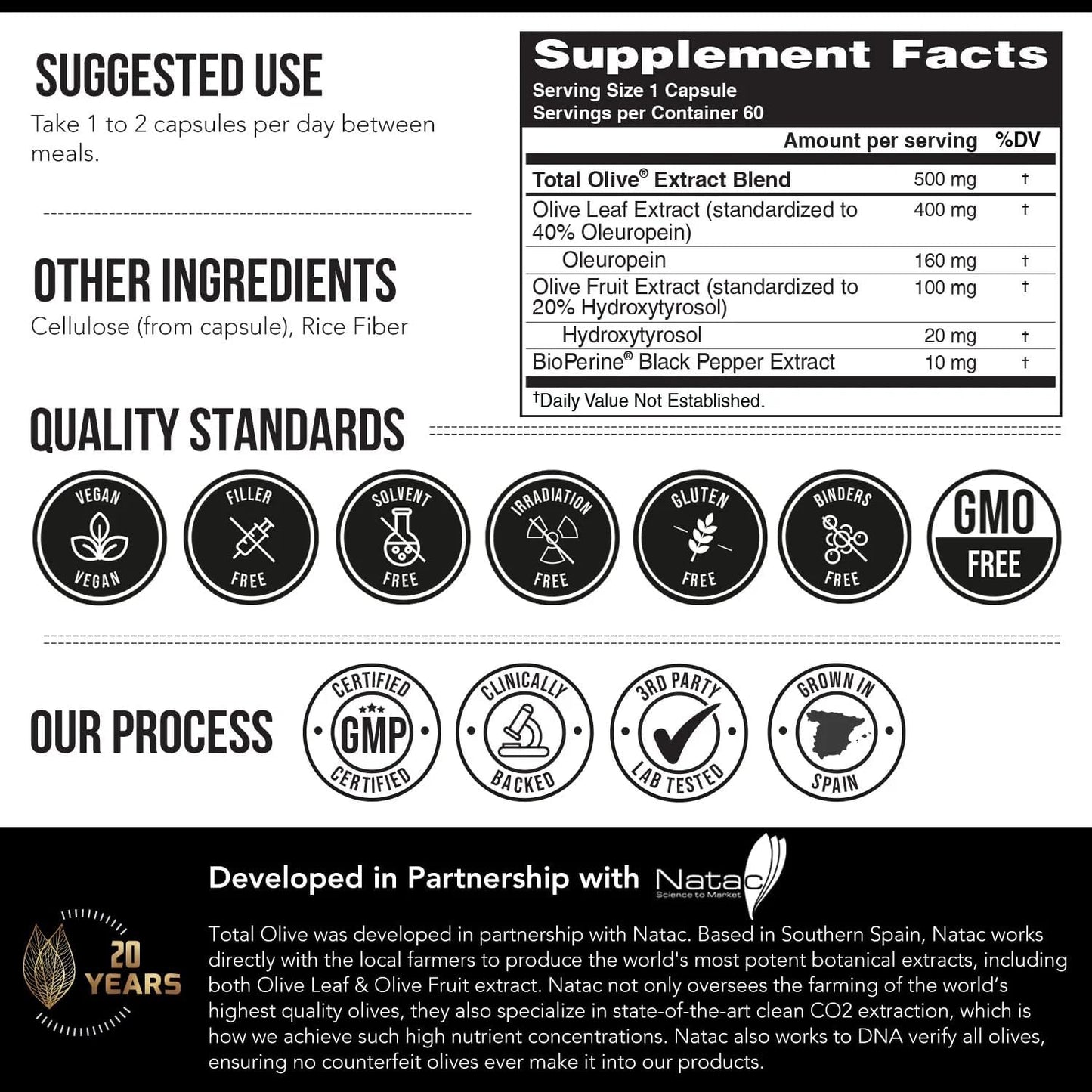 Total Olive® - Olive Leaf Extract (40% Oleuropein) Plus Olive Fruit Extract (20% Hydroxytyrosol) – Full Spectrum Extract Grown & Extracted in Spain – BioPerine Absorption Enhancement (60 Count)