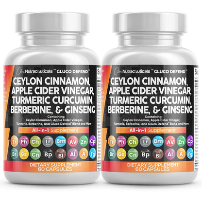 Clean Nutraceuticals Ceylon Cinnamon Capsules + Berberine Turmeric Apple Cider Vinegar Ginseng Bitter Melon (Karela) Gymnema Milk Thistle Fenugreek Supplement Pills Powder for Men & Women