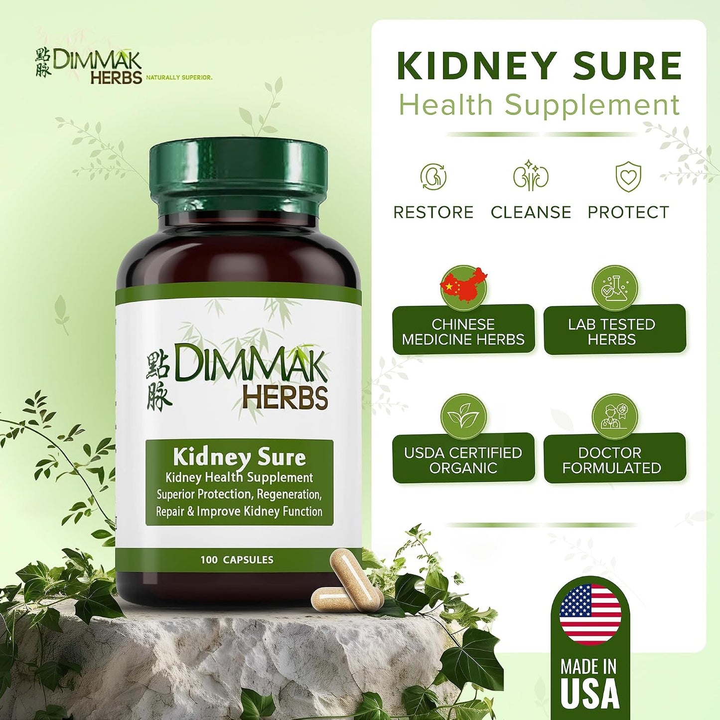 Kidney Sure- Kidney Cleanse & Revitilization Tonic- Organic Herbal Support for Renal Health, Urinary Tract Flow & Vitality- TCM Doctor Formulated, Vegan- 400mg 100 Capsules