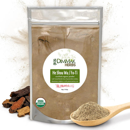 Organic Prepared He Shou Wu Powder (Fo-Ti Root)- Traditional Black Bean Cured Tonic for Hair Thickness, Graying & Jing Vitality- Polygonum Multiflorum Safe & Potent (4oz)