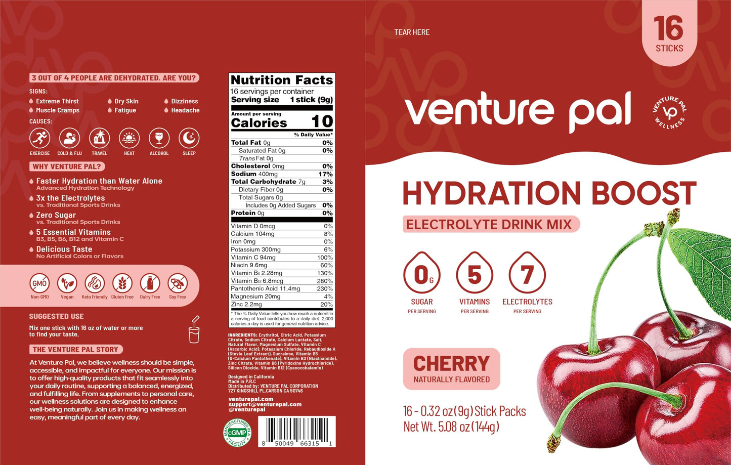 Venture Pal Sugar Free Electrolyte Packet, Liquid Daily IV Hydration Powder | 5 Vitamins & 7 Electrolytes, Instantly Hydration Packets for Sports & Party Recovery, Vegan, Keto Friendly, 16 Sticks