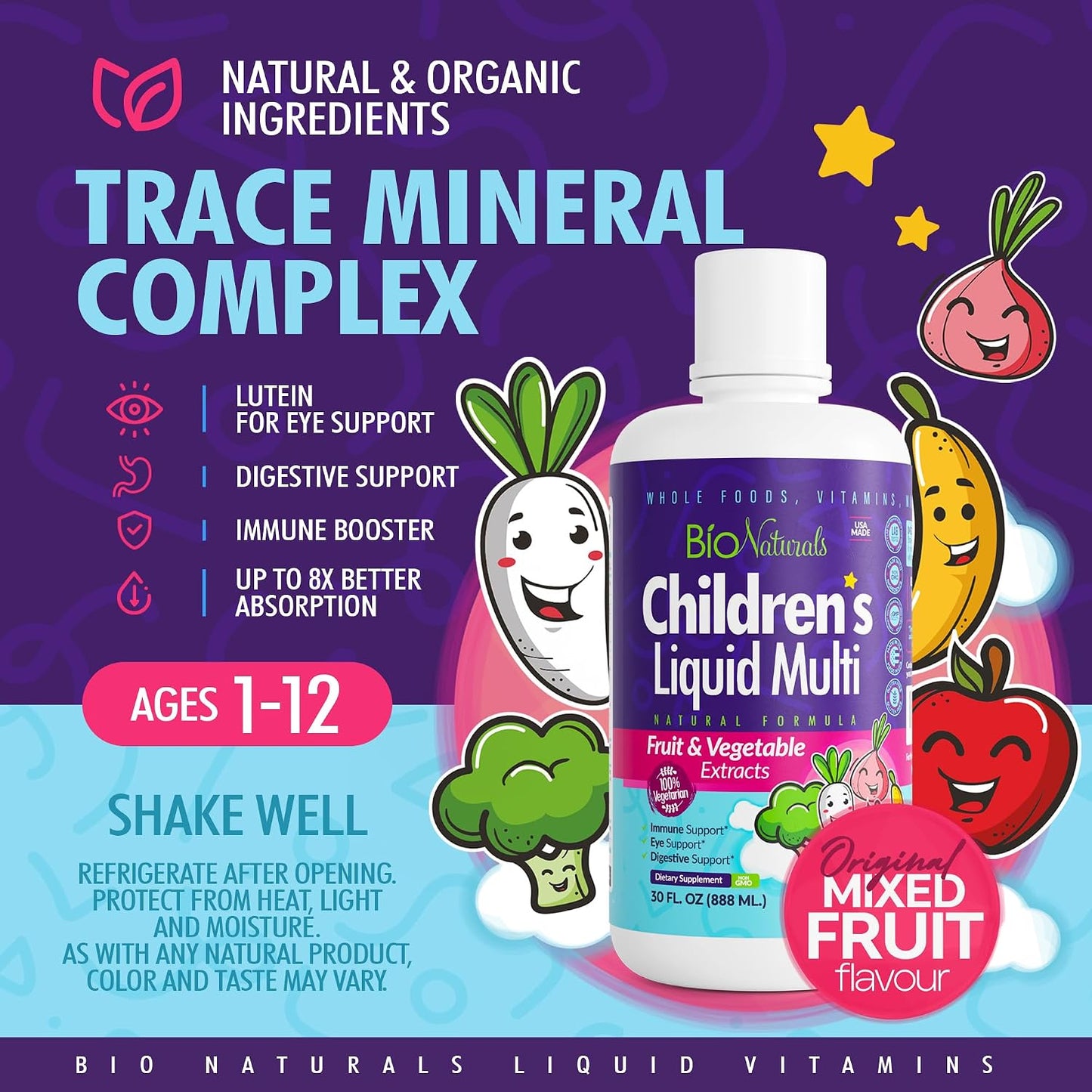 Children's Liquid Multivitamin & Immune Booster - Natural Supplement for Kids & Toddlers with Vitamins A B C D3 E, Fiber, Fruits & Vegetables - No Gluten, Sugar, Dairy, Soy - 30 oz