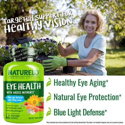 NATURELO Eye Vitamins - AREDS 2 Formula Nutrients with Lutein, Zeaxanthin, Vitamin C, E, Zinc, Plus DHA - Supplement for Dry Eyes, Healthy Vision, Eye Support - 60 Vegan Capsules