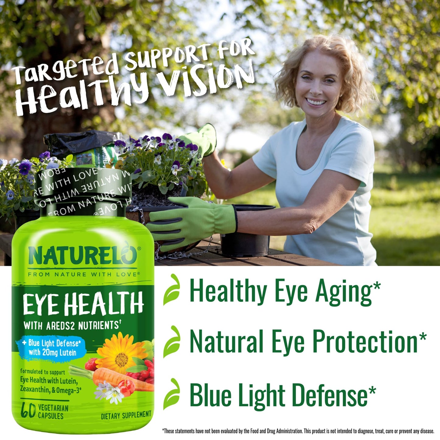 NATURELO Eye Vitamins - AREDS 2 Formula Nutrients with Lutein, Zeaxanthin, Vitamin C, E, Zinc, Plus DHA - Supplement for Dry Eyes, Healthy Vision, Eye Support - 60 Vegan Capsules
