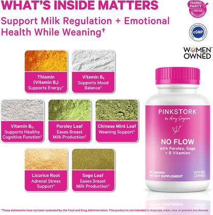 Pink Stork No Flow: Dry Up Breast Milk Supply with Sage, Parsley, and B Vitamins, Postpartum Essentials for Women to Stop Breastfeeding and Decrease Milk Production, 60 Capsules
