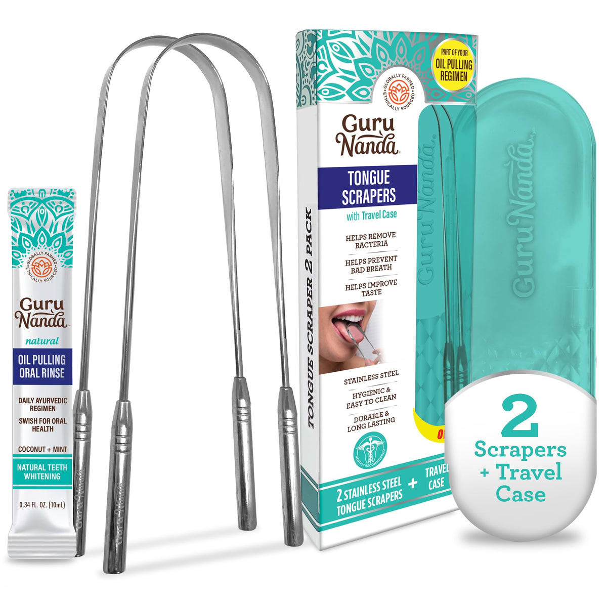 GuruNanda Tongue Scraper for Adults 2 count (Pack of 1) with Travel Case, 420 Medical 