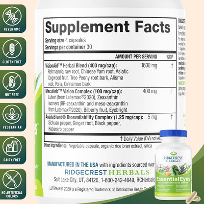 RidgeCrest Herbals EssentialEyes Eye Vitamins for Vision Support 120 Ct | 30 Servings, Lutein, Zeaxanthin, Bilberry Extract, Natural Ocular Health Formula, Vegan Capsules, Daily Use