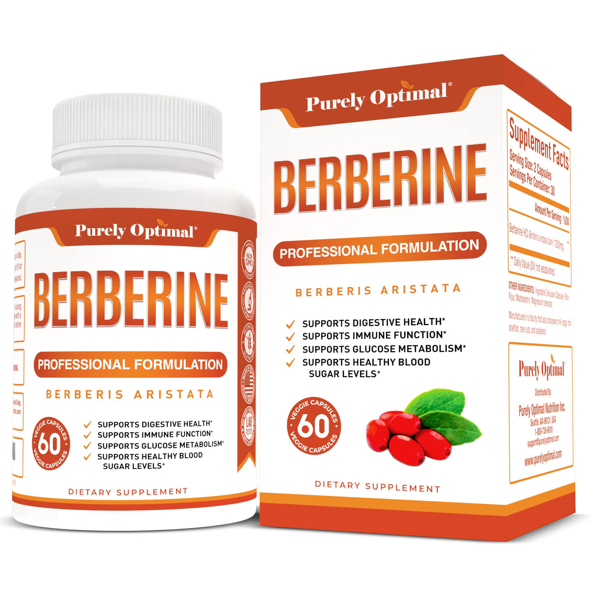 Purely Optimal Premium Berberine Supplement - 1200mg Berberine HCl, Non-GMO 