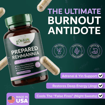 Prepared Rehmannia Root Capsules (Shu Di Huang)- 5:1 Organic Extract- High Potency Adrenal & Kidney Yin Tonic- Supports Menopause, Sleep & Vitality- Non-GMO Vegan, 500mg