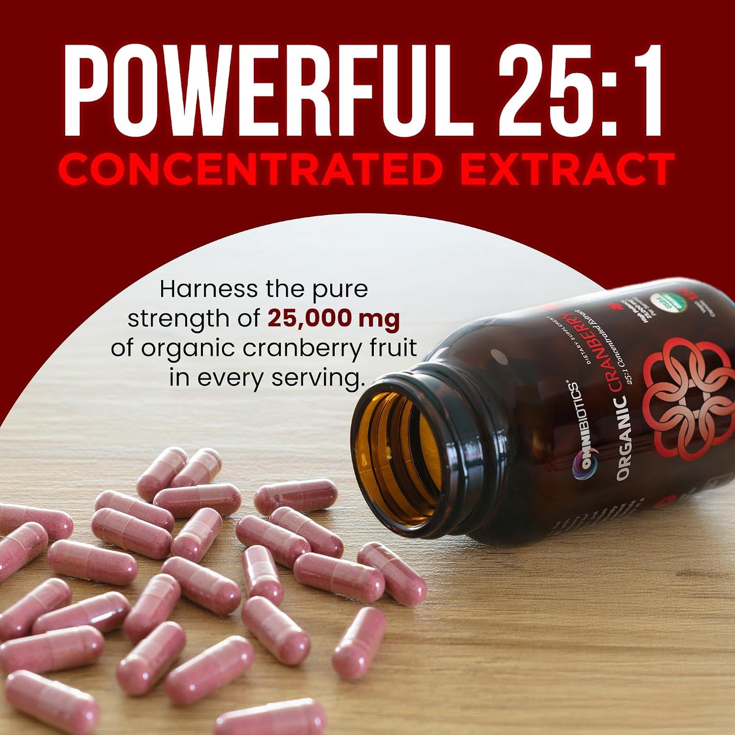 OmniBiotics USDA Organic Cranberry Pills for Women - High Potency 25,000 mg Supplement with 25:1 Fruit Extract - Daily Urinary Tract Support - 120 Vegan Capsules