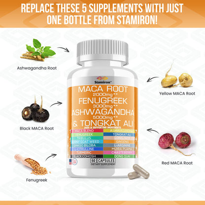 Stamiron Maca Root 2000mg Fenugreek 3000mg Ashwagandha 5000mg Supplement