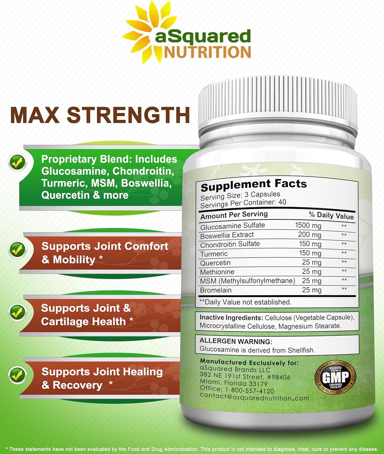 aSquared Nutrition Glucosamine Chondroitin Turmeric MSM Boswellia - 120 Capsules - Joint Support Supplement - Joint Support Relief Pills for Health - Natural Supplement for Back, Knee & Hands