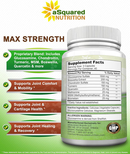 aSquared Nutrition Glucosamine Chondroitin Turmeric MSM Boswellia - 120 Capsules - Joint Support Supplement - Joint Support Relief Pills for Health - Natural Supplement for Back, Knee & Hands
