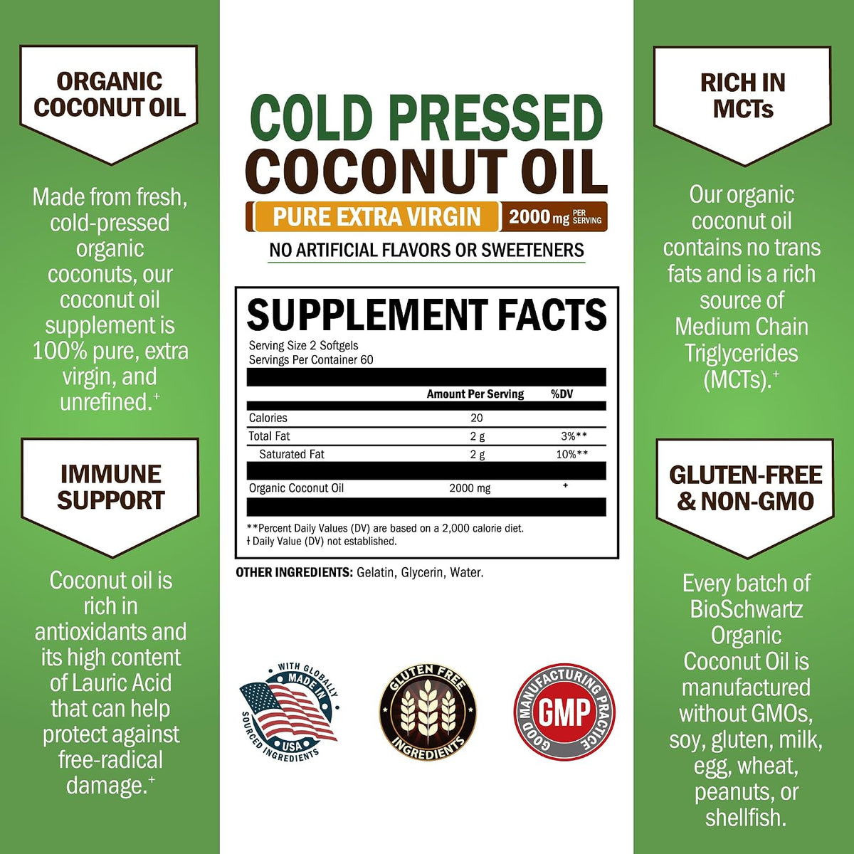 Coconut Oil Capsules 2000mg, 120ct, 2 Month Supply