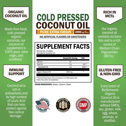 Coconut Oil Capsules 2000mg, 120ct, 2 Month Supply