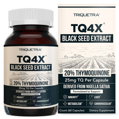 20% Thymoquinone Black Seed Oil Extract Capsules - TQ-Advanced 4X®: Potent Thymoquinone Concentration Available - 60:1 Concentrate from Nigella Sativa, Raw Form, Vegan, Glass Bottle (120 Capsules)
