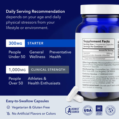 TRU NIAGEN Patented NAD+ Supplement, 60 300mg Servings | Nicotinamide Riboside (NR) Take 2 Daily | 1 Bottle